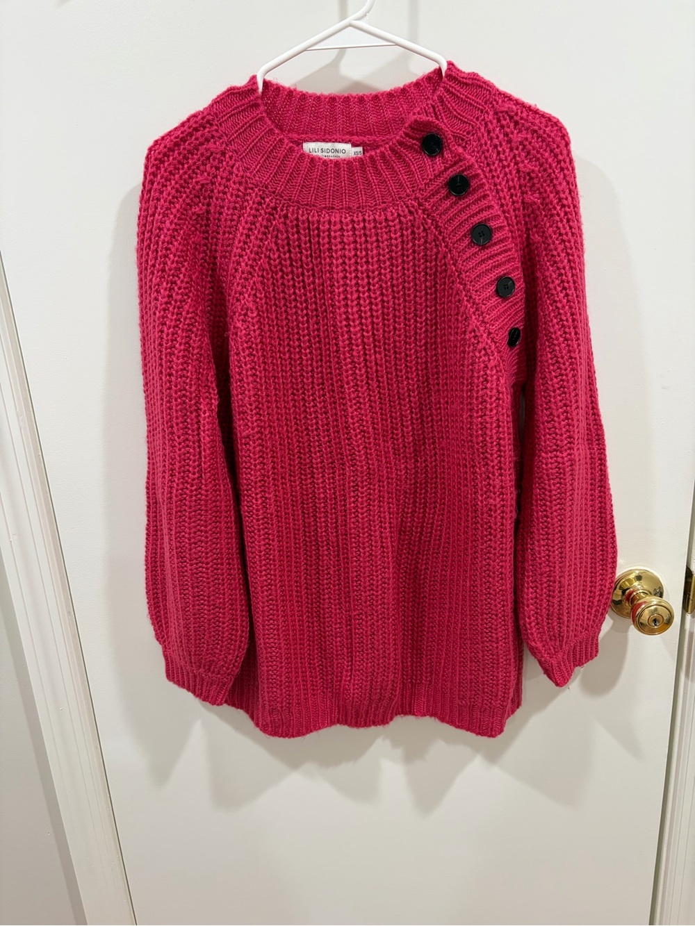 Molly Bracken Fuchsia Button-Shoulder Chunky Crew Sweater